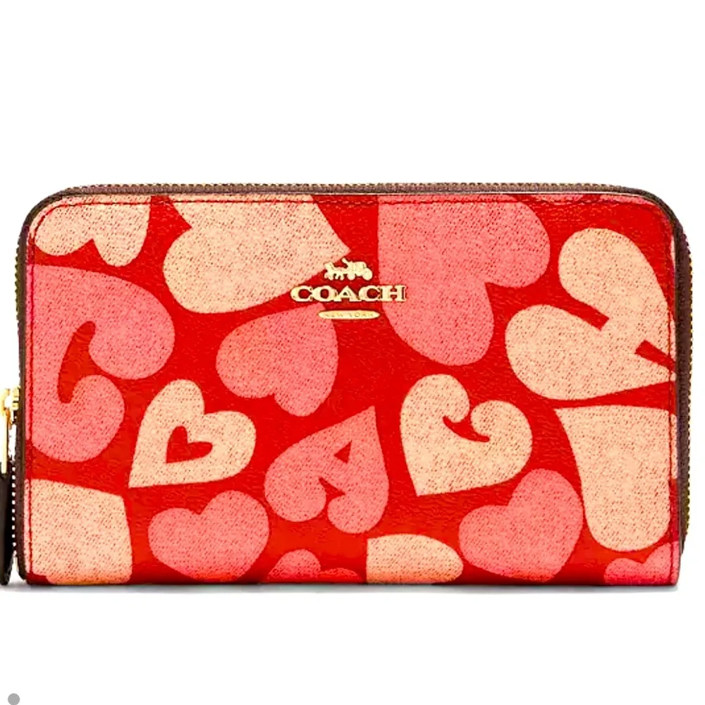 Coach Red and Pink Heart Zip Around Wallet Great Condition!